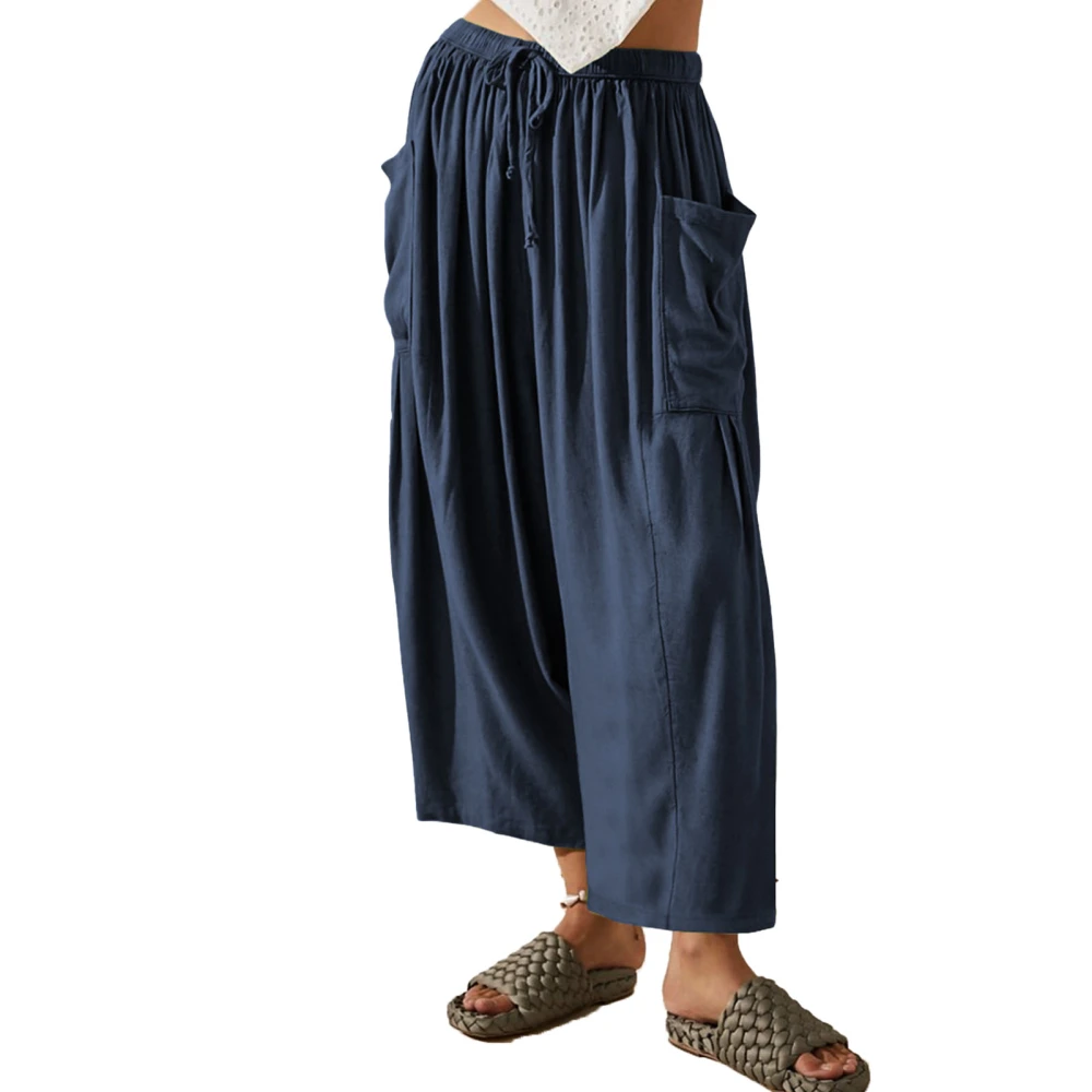 Casual Wide Leg Pants Elastic Waist Drawstring Wide Leg Long Trousers with Pocket for Yoga Home Purplish Blue S