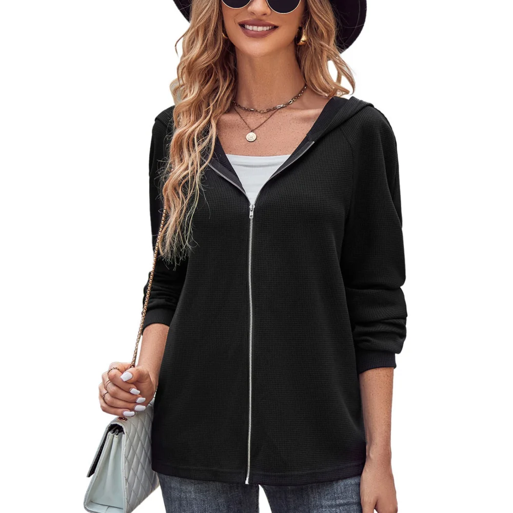 Women Zip Up Knitted Hoodie Pure Color Loose Fitting Casual Long Sleeve Sweatshirt Black S