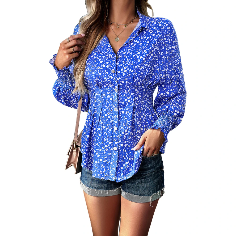 Women Turn Down Collar Shirts Floral Print Long Puff Sleeves Single Breasted Slim Waist Casual Blouses Blue L