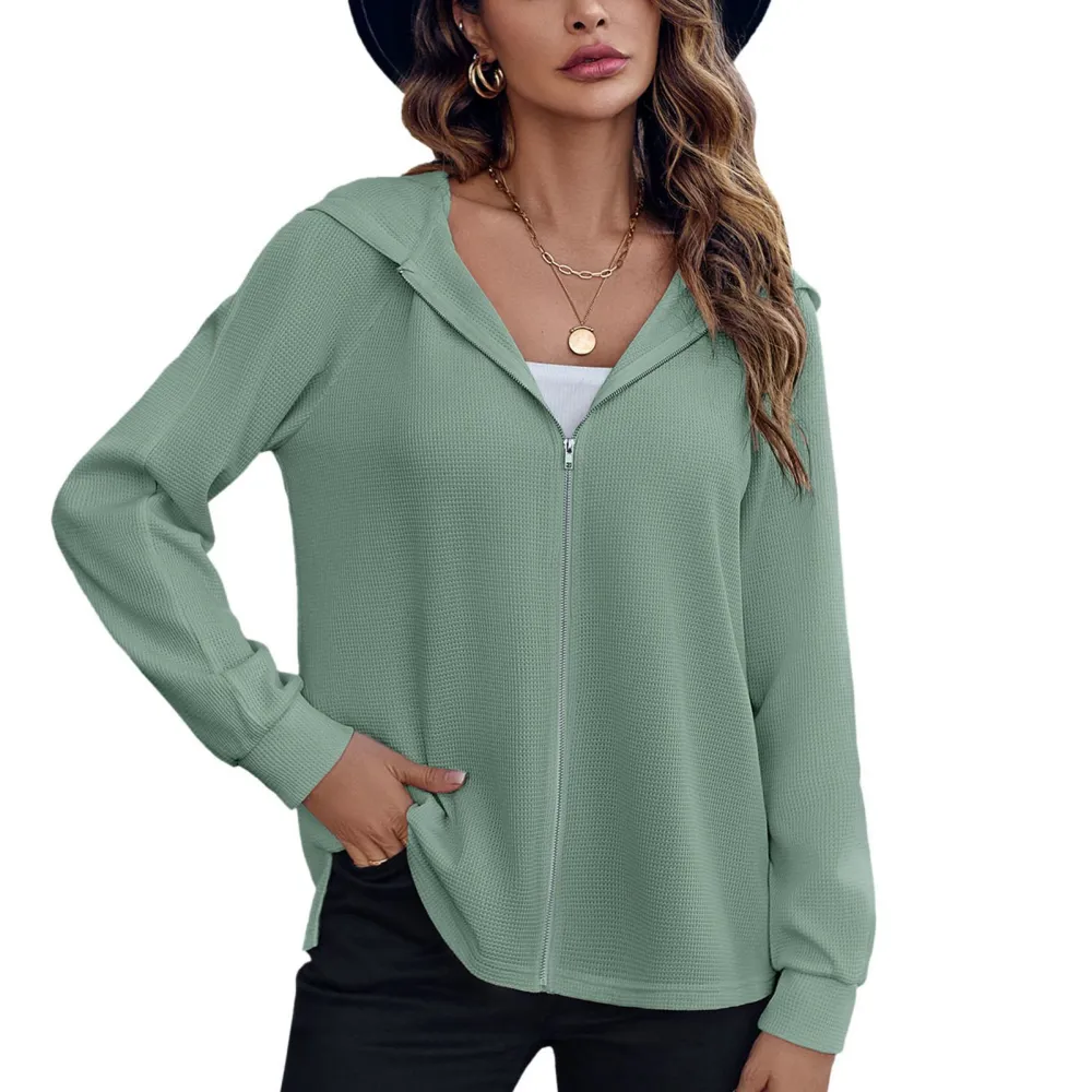 Women Zip Up Knitted Hoodie Pure Color Loose Fitting Casual Long Sleeve Sweatshirt Greyish Green M