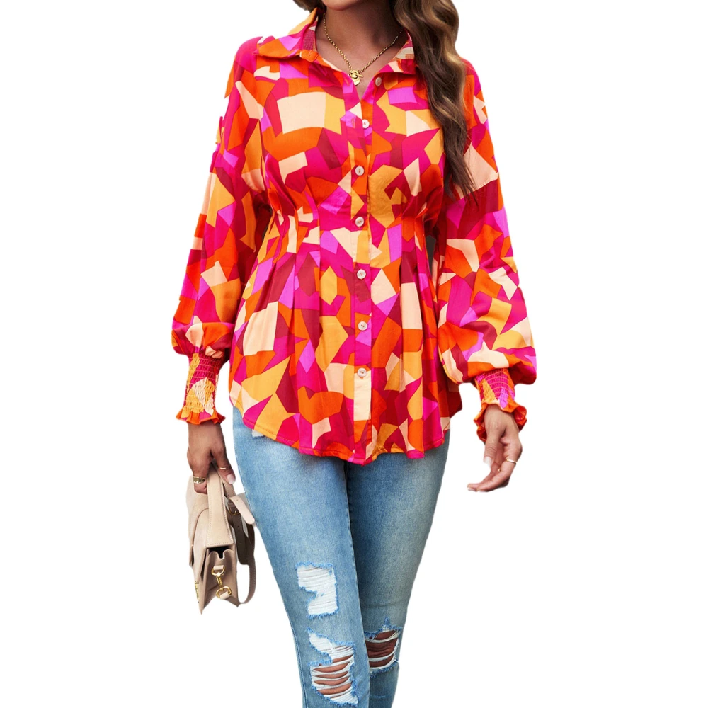 Women Turn Down Collar Shirts Floral Print Long Puff Sleeves Single Breasted Slim Waist Casual Blouses Red S