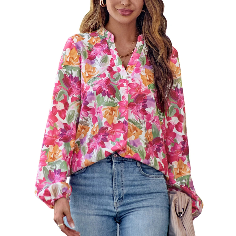 V Neckline Printed Blouse Slim Fitted Long Sleeve Elastic Cuff Floral Printed Blouse for Women Pink XL