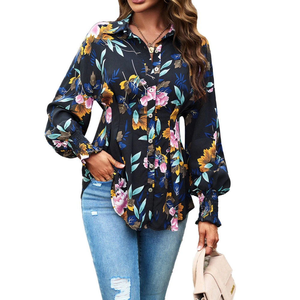 Women Turn Down Collar Shirts Floral Print Long Puff Sleeves Single Breasted Slim Waist Casual Blouses Black S