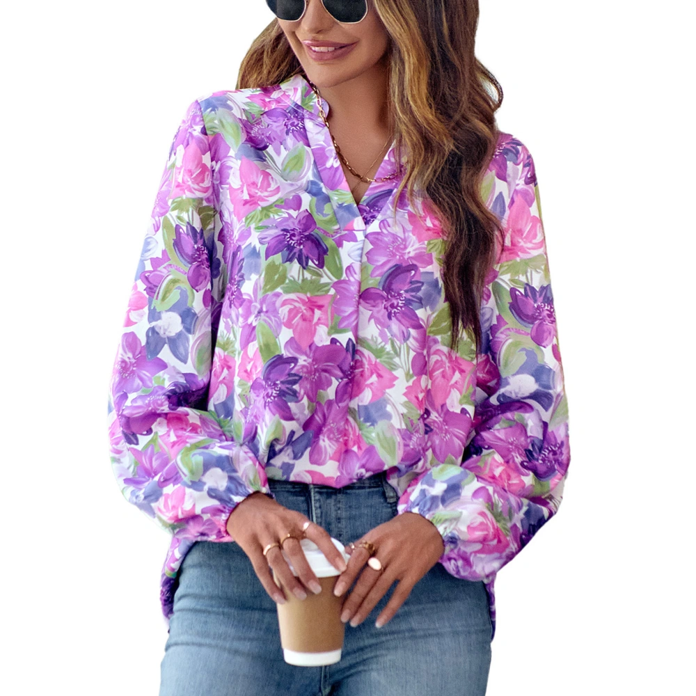 V Neckline Printed Blouse Slim Fitted Long Sleeve Elastic Cuff Floral Printed Blouse for Women Purple L