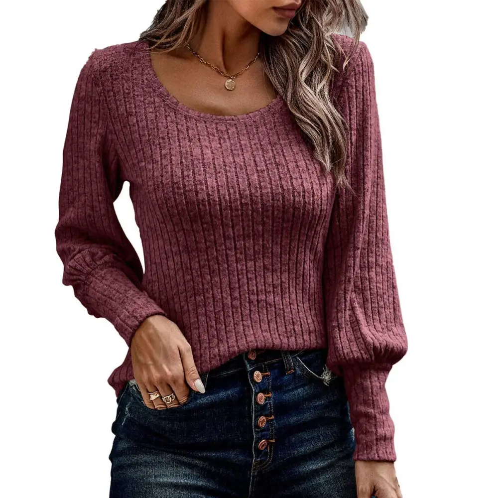 Long Puff Sleeve Crewneck Top Women Casual Fashionable Plain Color Elastic Cuff Rib Shirt Blouse Burgundy S