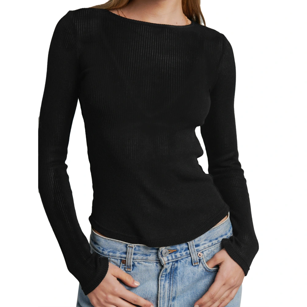 Woman Knitted Long Sleeve Shirt Rib Knit Slim Fit Round Neck Inner Cloth Pure Color Casual Top Black M