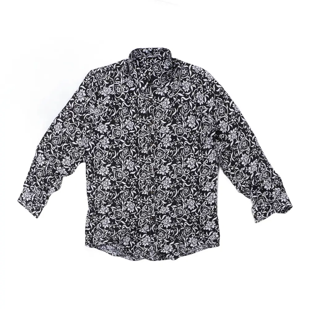 Men Floral Dress Shirts Long Sleeve Flower Printed Slim Fit Turn Down Collar Breathable Leisure Shirt Black XXL