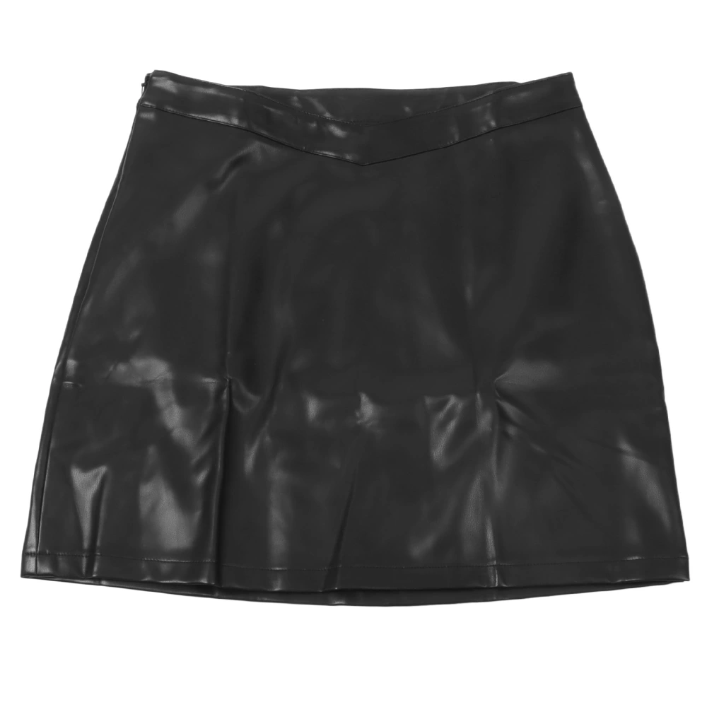 PU Leather Skirt V Waist Hip Wrapped Slim Zipper Fashionable Short Navel Exposed Skirt for Party Shopping Black L