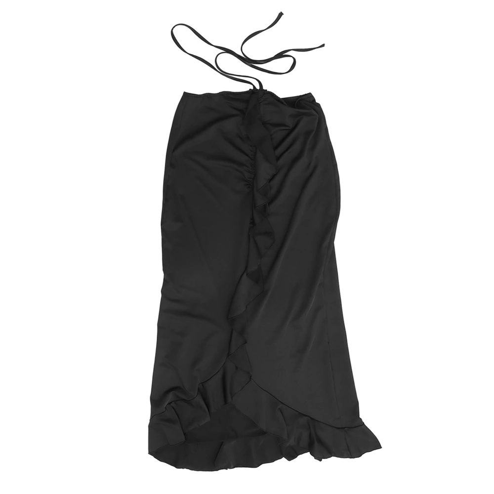 Women Hip Wrap Long Skirt Low Waist Strap Decor Irregular Ruffle Hem Pure Color Skirt Black L