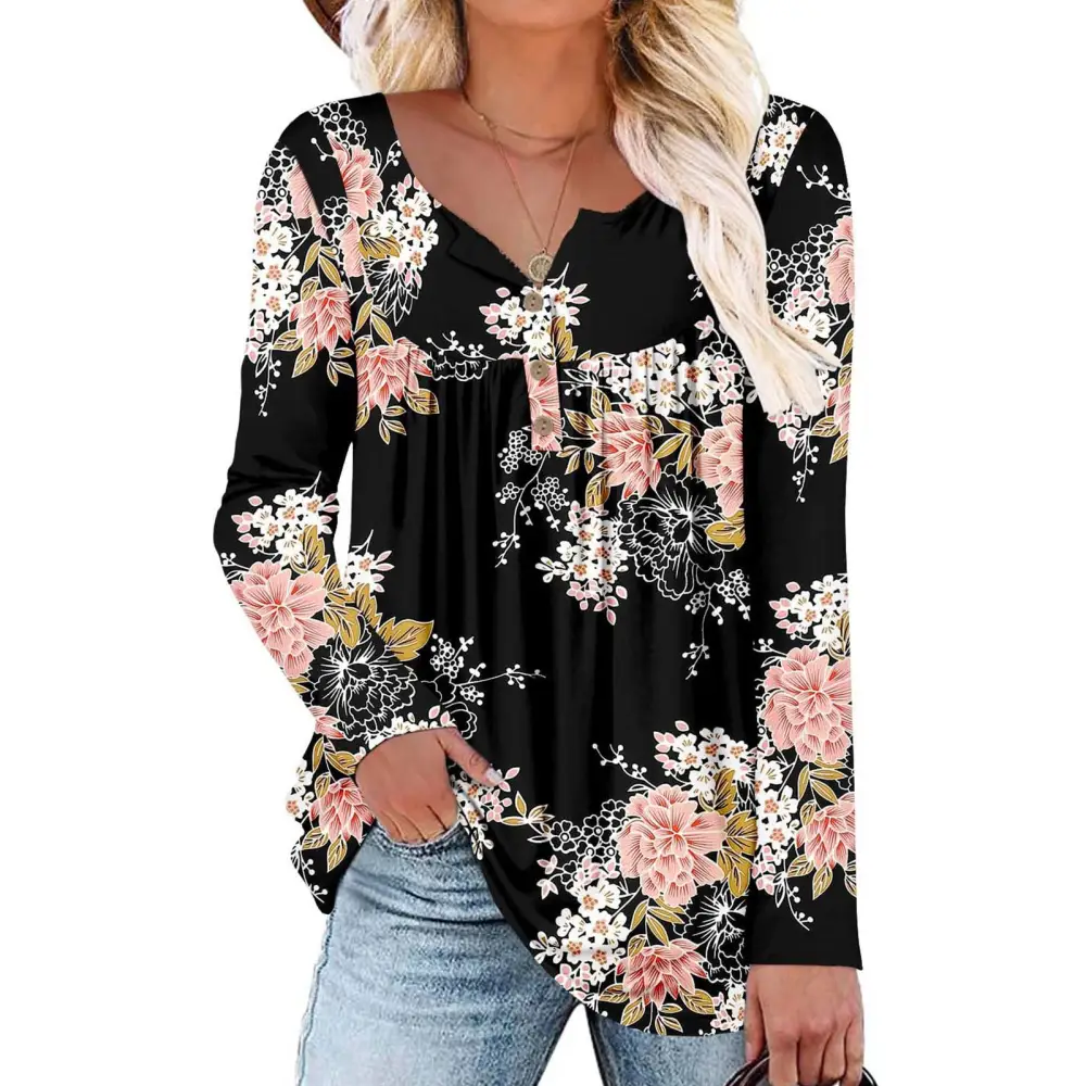 Women Pleated Fall Tunic Top Button Front Long Sleeve Flowy Loose Fit Printed Casual Blouse Black with Large Floral XL