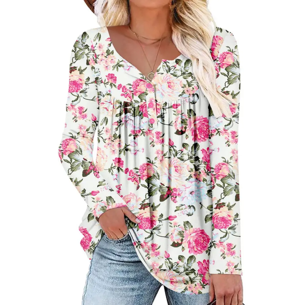 Women Pleated Fall Tunic Top Button Front Long Sleeve Flowy Loose Fit Printed Casual Blouse White with Pink Floral L