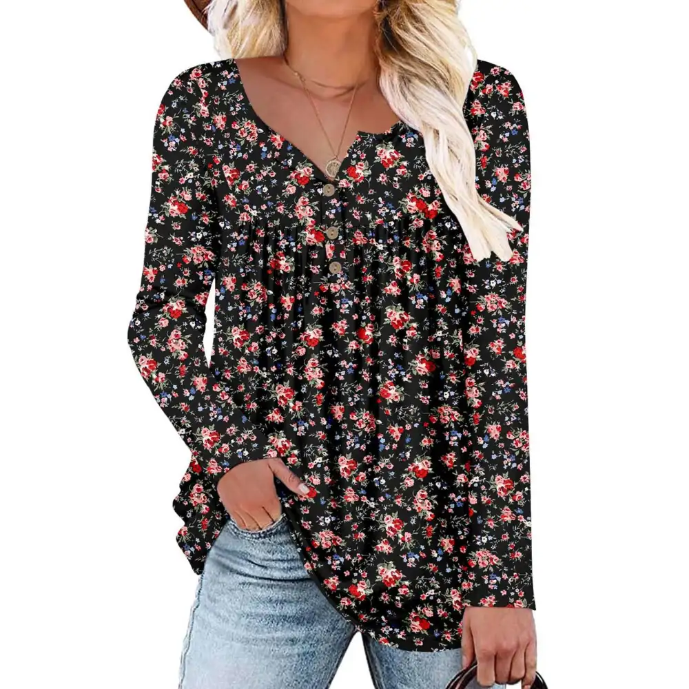 Women Pleated Fall Tunic Top Button Front Long Sleeve Flowy Loose Fit Printed Casual Blouse Black with Small Floral XXL