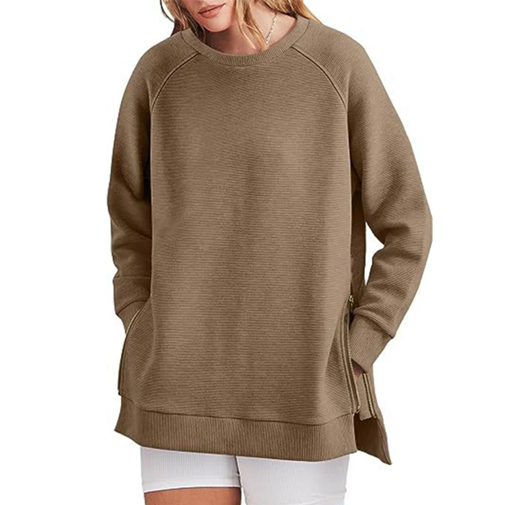 Woman Round Neck Sweatshirt Side Split Stylish Loose Long Sleeve Pullover Sweatshirt with Side Zipper Khaki M