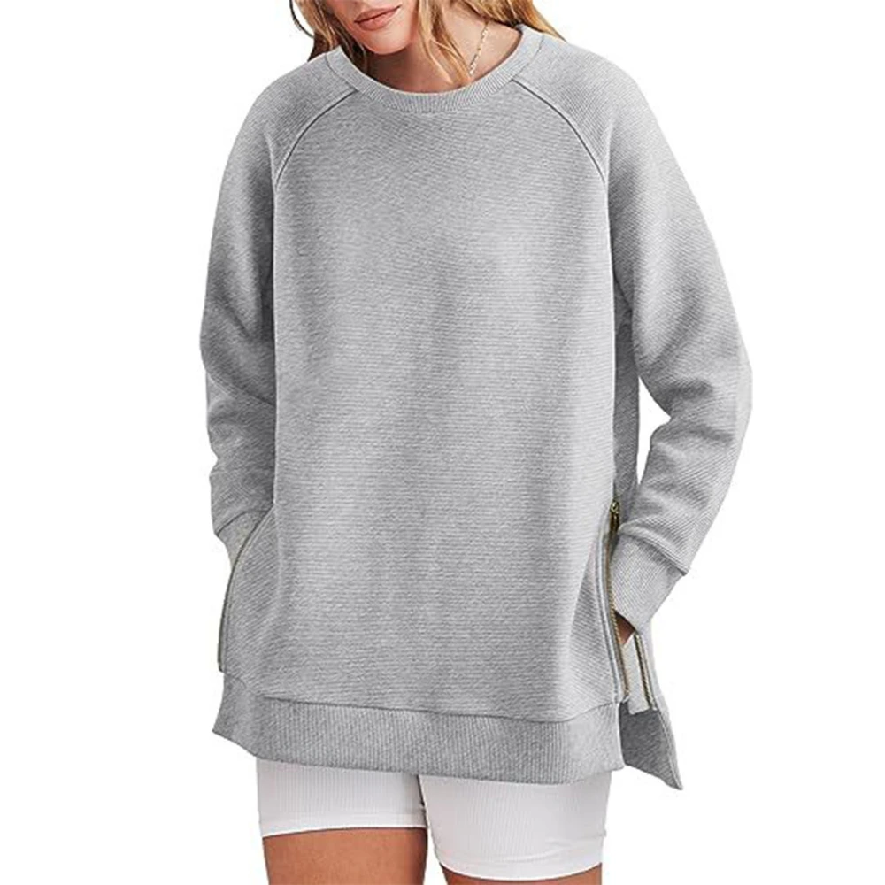 Woman Round Neck Sweatshirt Side Split Stylish Loose Long Sleeve Pullover Sweatshirt with Side Zipper Light Gray XL