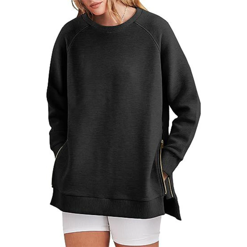 Woman Round Neck Sweatshirt Side Split Stylish Loose Long Sleeve Pullover Sweatshirt with Side Zipper Black XL