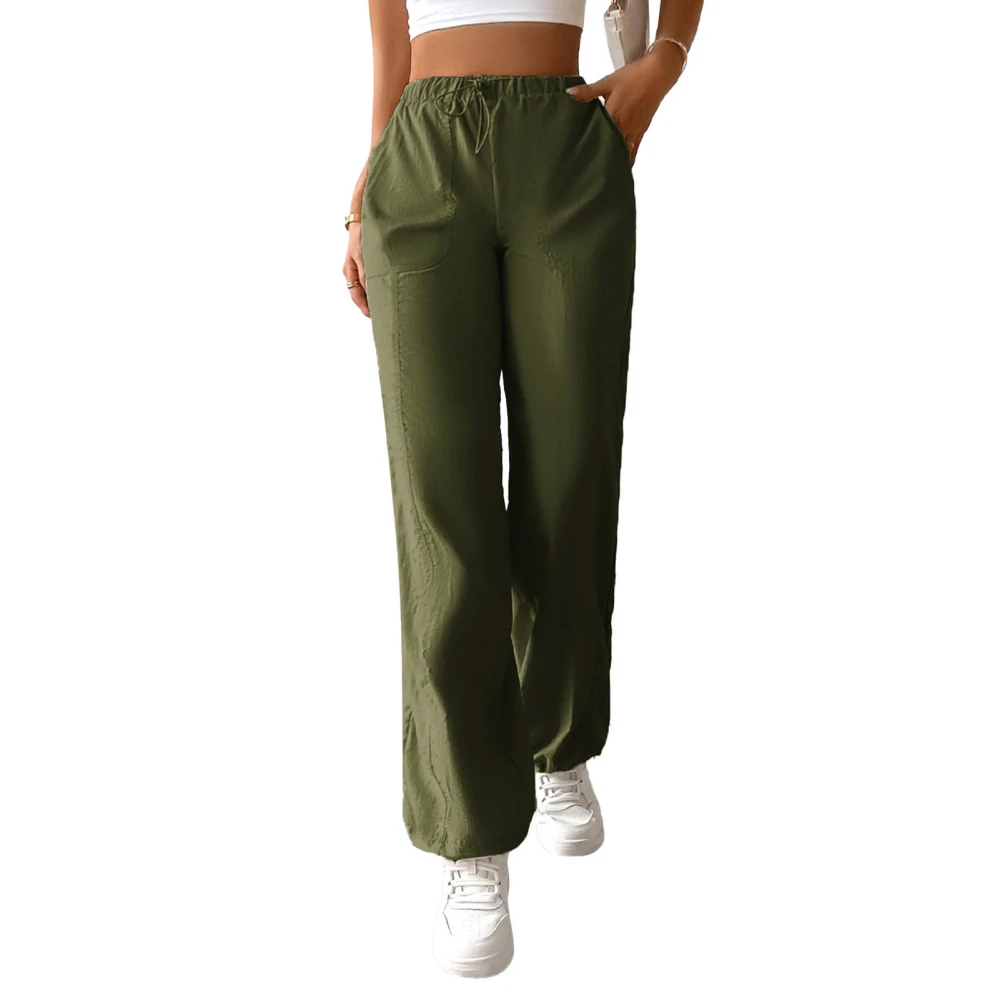 Women Leisure Wide Leg Pants Pure Color Drawstring Straight Leg Elastic Long Loose Pants OD Green L