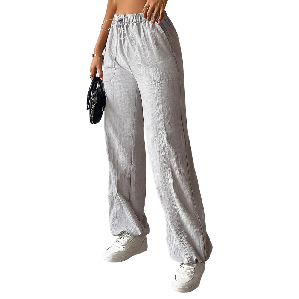 Women Leisure Wide Leg Pants Pure Color Drawstring Straight Leg Elastic Long Loose Pants Light Gray M