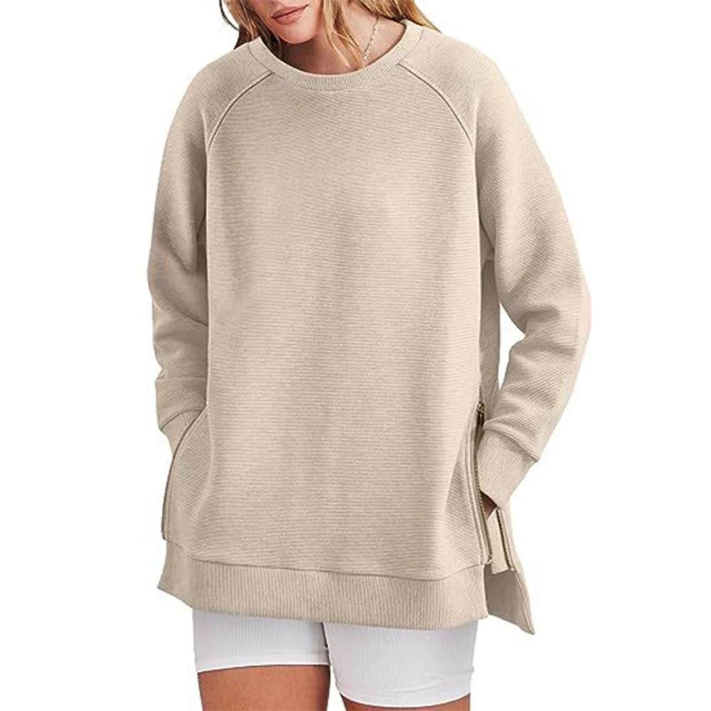 Woman Round Neck Sweatshirt Side Split Stylish Loose Long Sleeve Pullover Sweatshirt with Side Zipper Beige L