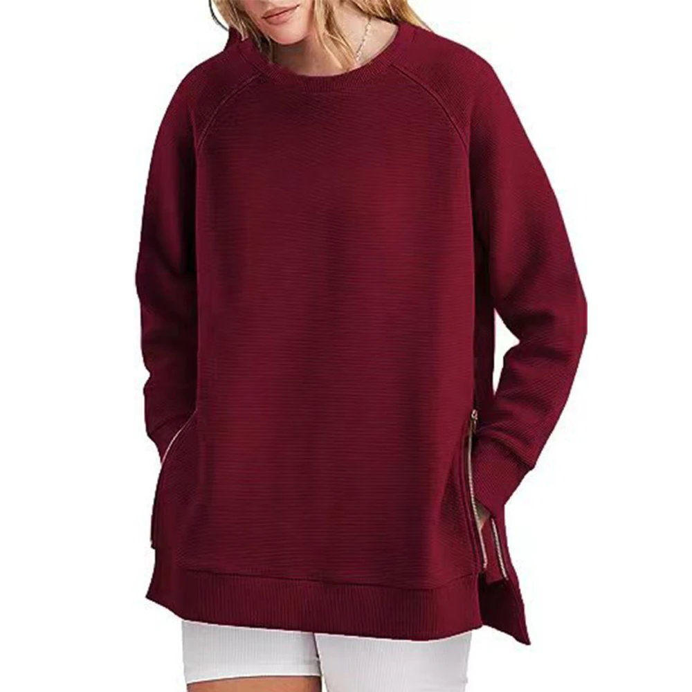 Woman Round Neck Sweatshirt Side Split Stylish Loose Long Sleeve Pullover Sweatshirt with Side Zipper Wine Red L