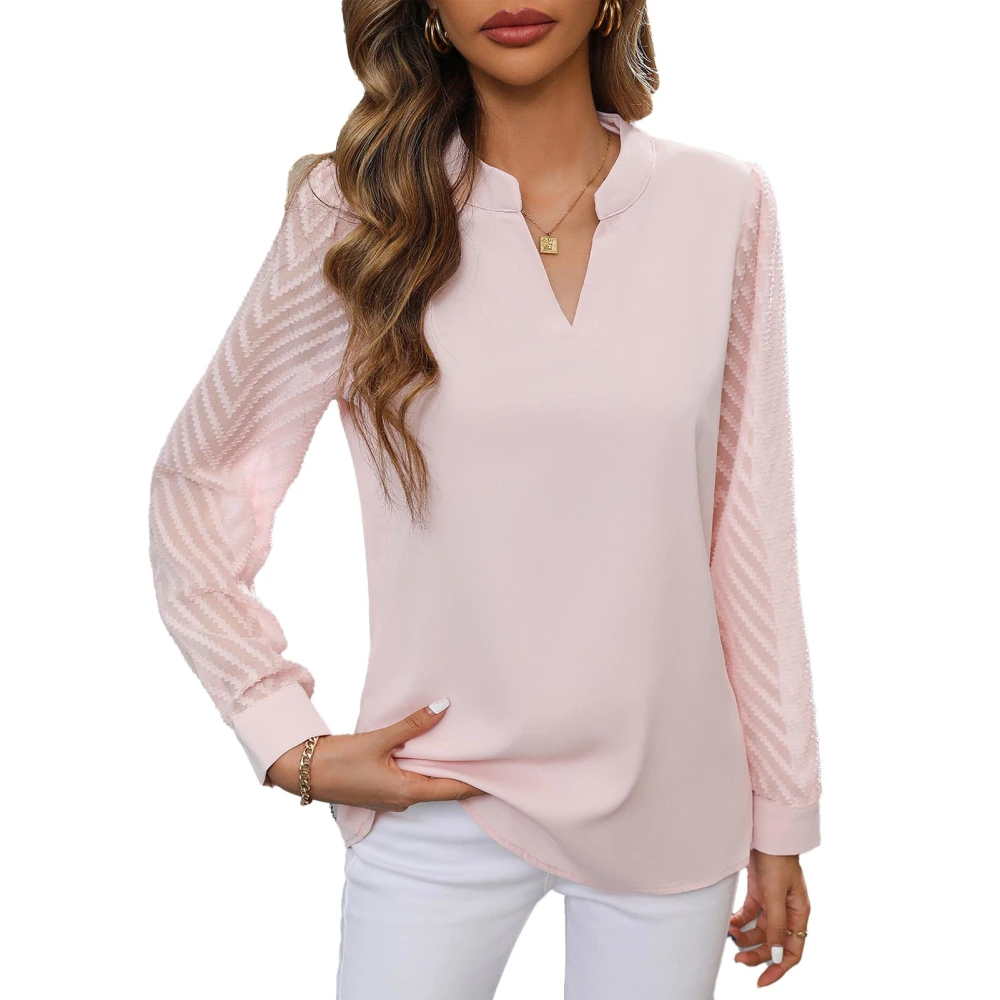 Woman V Neck Splicing Sleeve Blouse Pure Color Lesiure Long Sleeve Blouse Slim Fit Splicing Sleeve Fashionable Top Pink XL