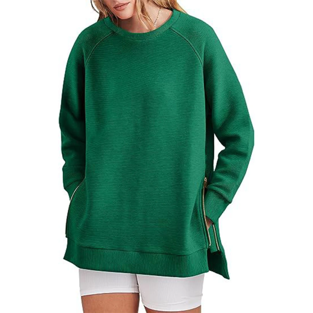 Woman Round Neck Sweatshirt Side Split Stylish Loose Long Sleeve Pullover Sweatshirt with Side Zipper Dark Green S