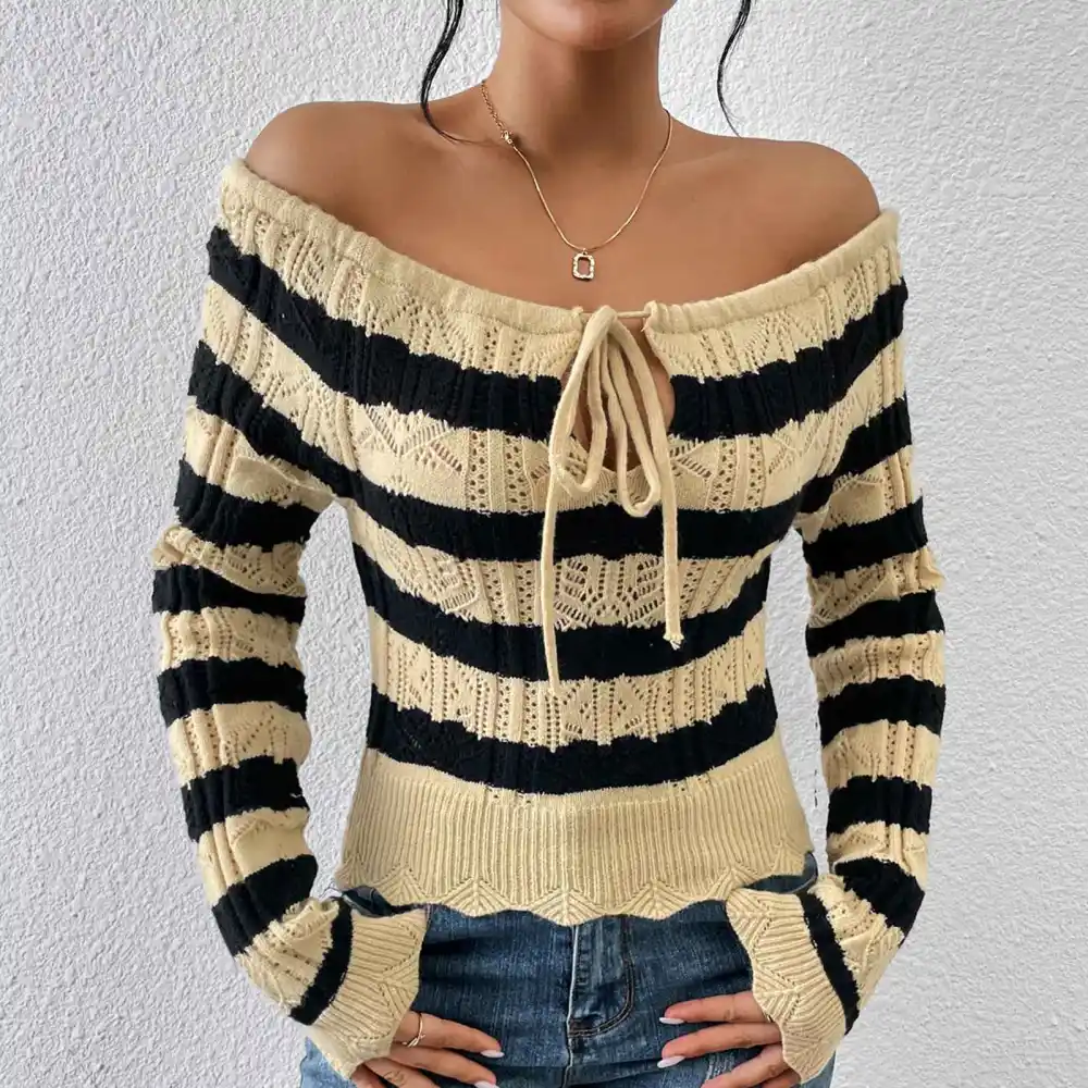 Women Off Shoulder Sweater Tie Neck Long Sleeve Stylish Striped Hollow Out Knit Pullover Top Khaki M