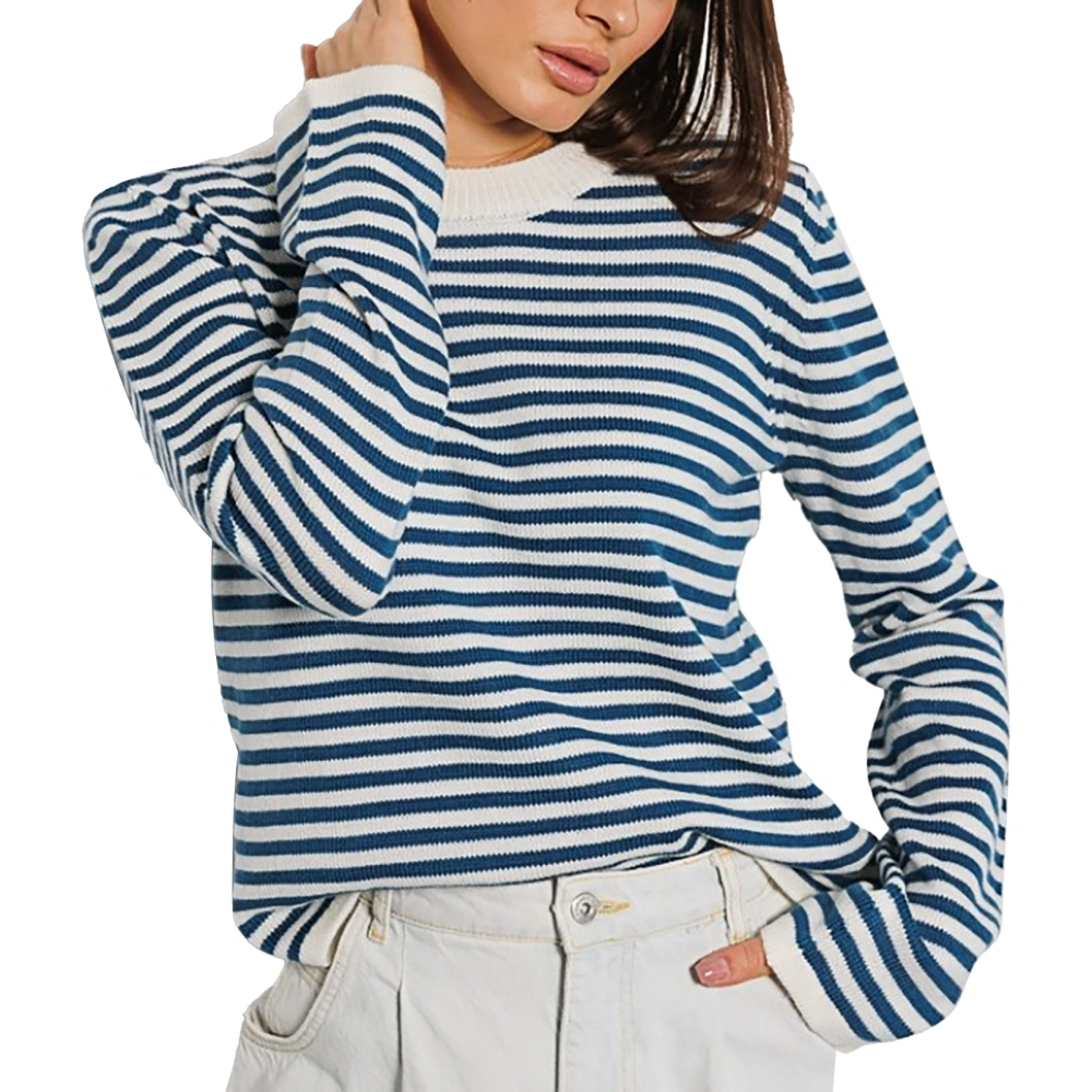 Woman Striped Color Block Knitted Sweater Round Neck Long Sleeve Stripe Pullover Sweater Fashionable Top Blue S