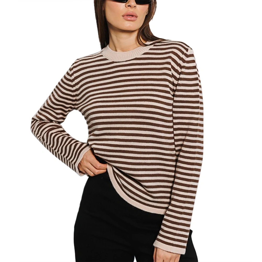 Woman Striped Color Block Knitted Sweater Round Neck Long Sleeve Stripe Pullover Sweater Fashionable Top Chocolate L