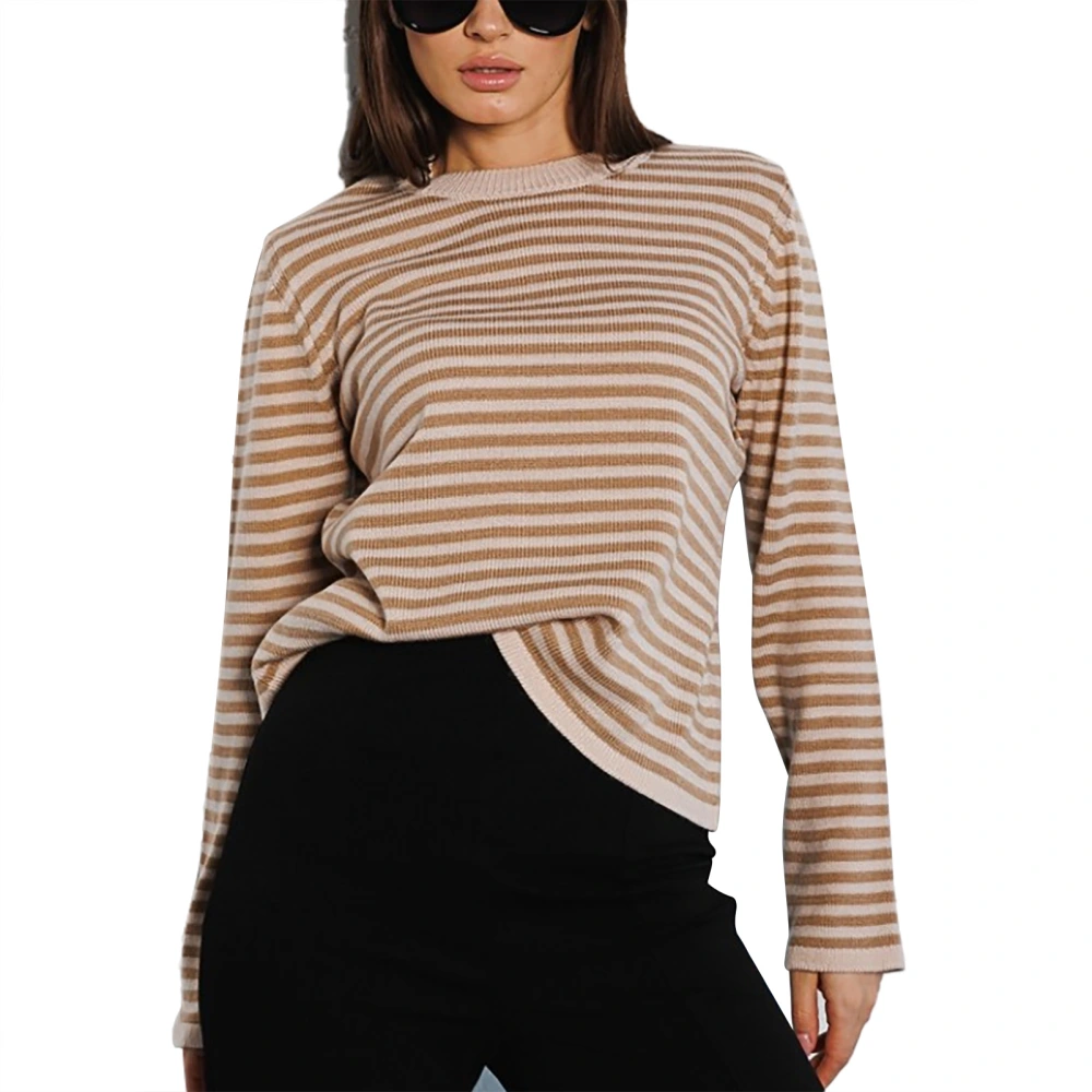 Woman Striped Color Block Knitted Sweater Round Neck Long Sleeve Stripe Pullover Sweater Fashionable Top Khaki M