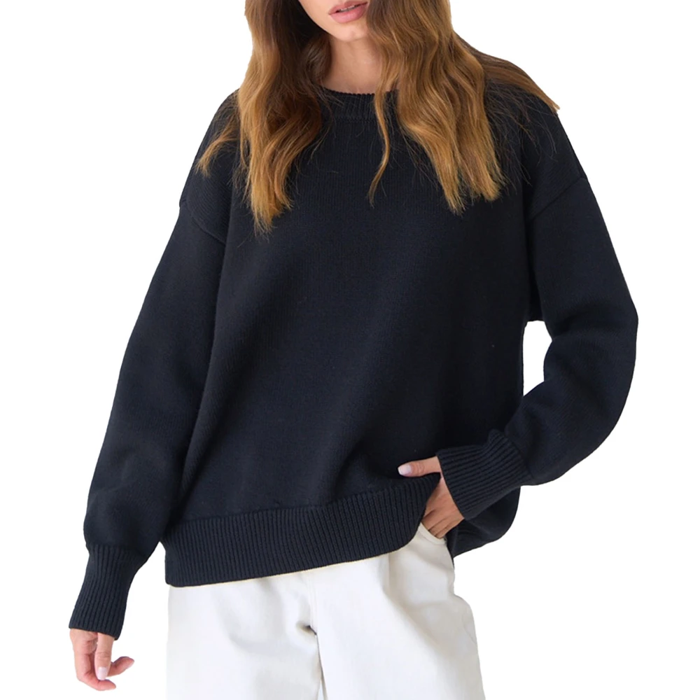 Knitted Sweater Women Knit Top Round Neck Loose Solid Color Versatile for Commuting Casual Black S