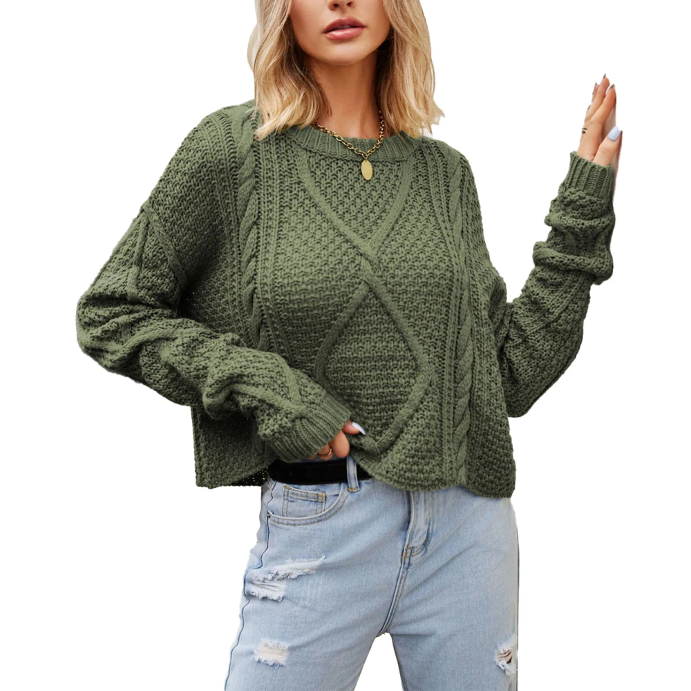 Long Sleeve Crewneck Sweater Women Casual Fashionable Elegant Plain Color Cable Knit Top for Office Work Green XL