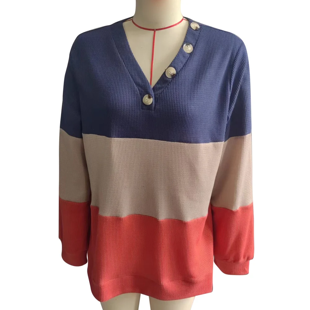 V Neckline Button Top Color Block Splicing Casual Fitted Fashionable V Neck Button Blouse Blue With Red L