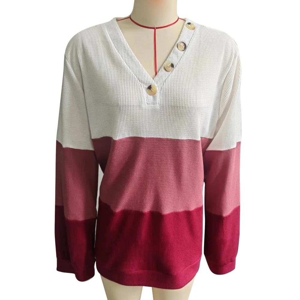 Women Long Sleeves T Shirt Color Block V Neck Button Trim Loose Fitting Casual Blouse White Red M