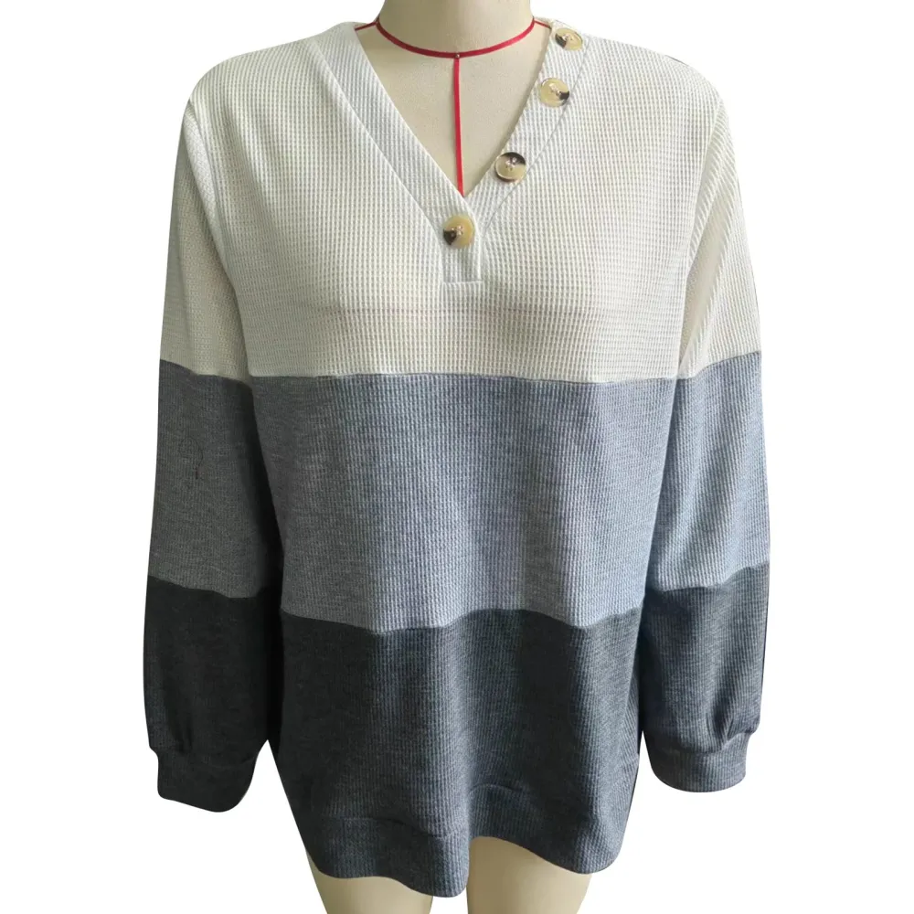 Women Long Sleeves T Shirt Color Block V Neck Button Trim Loose Fitting Casual Blouse White Grey L