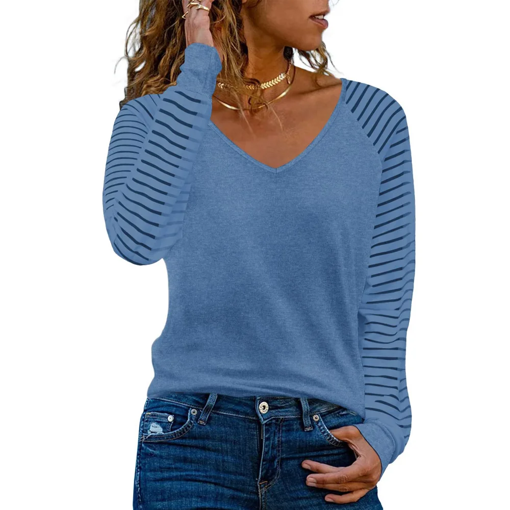 Women Long Sleeve V Neck Basic Tee Top Casual Striped Dressy Pullover Fall T Shirt Light Blue XXL