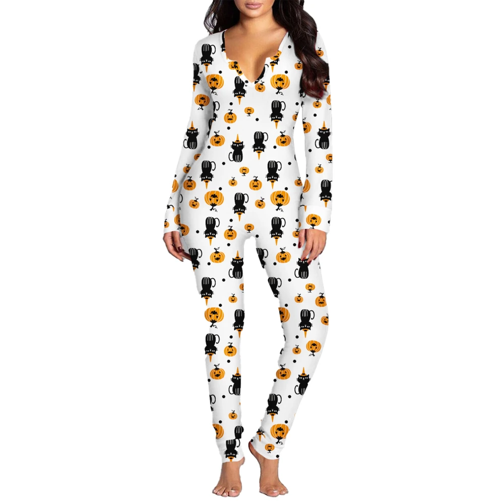 Long Pants Printed Bodysuit V Neckline Slim Fitted Halloween Printed Bodysuit for Home XL 3