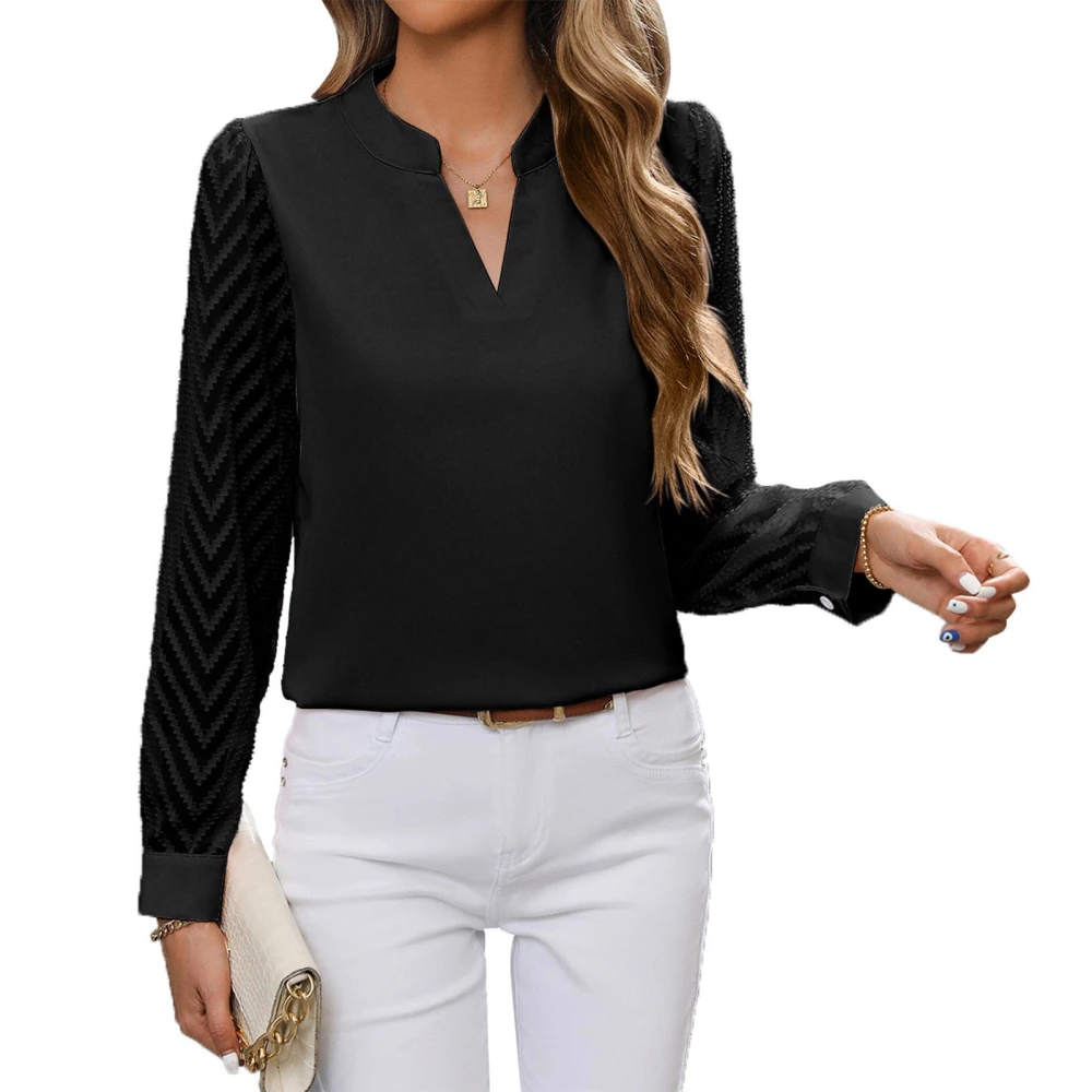 Woman V Neck Splicing Sleeve Blouse Pure Color Lesiure Long Sleeve Blouse Slim Fit Splicing Sleeve Fashionable Top Black XL