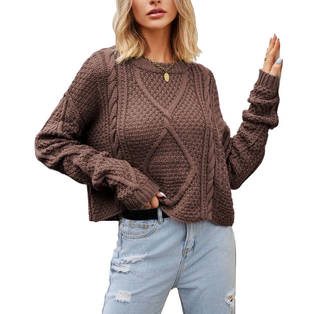 Long Sleeve Crewneck Sweater Women Casual Fashionable Elegant Plain Color Cable Knit Top for Office Work Reddish Brown S