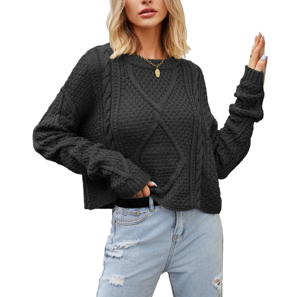 Long Sleeve Crewneck Sweater Women Casual Fashionable Elegant Plain Color Cable Knit Top for Office Work Black S