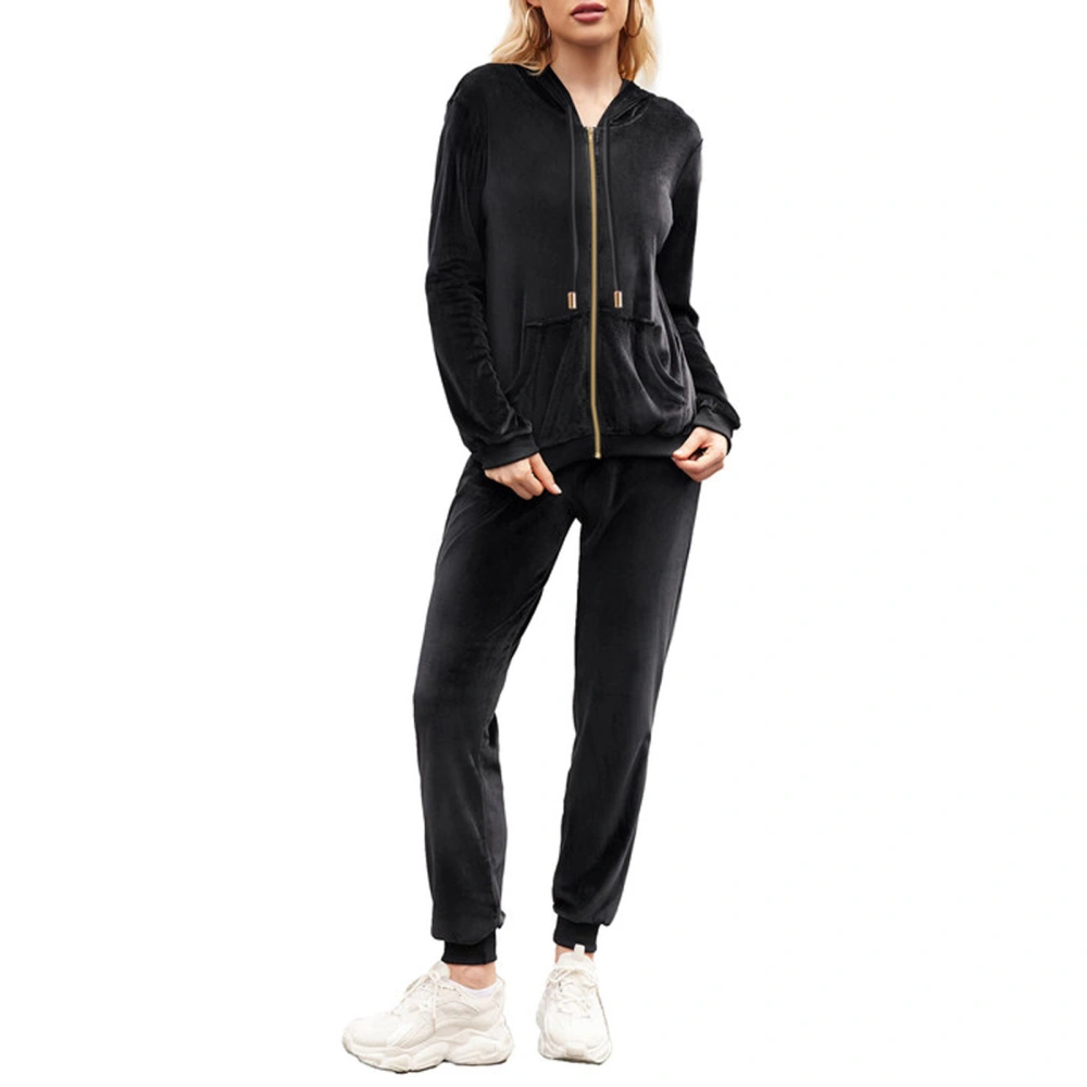 Women Long Sleeve Velvet Suit Casual Fitted Double Pocket Zipper Women Hoodie Velvet Suit Black M