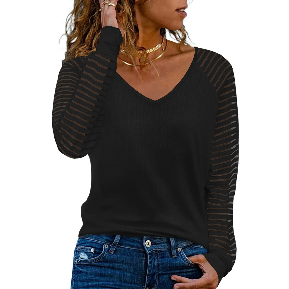 Women Long Sleeve V Neck Basic Tee Top Casual Striped Dressy Pullover Fall T Shirt Black S