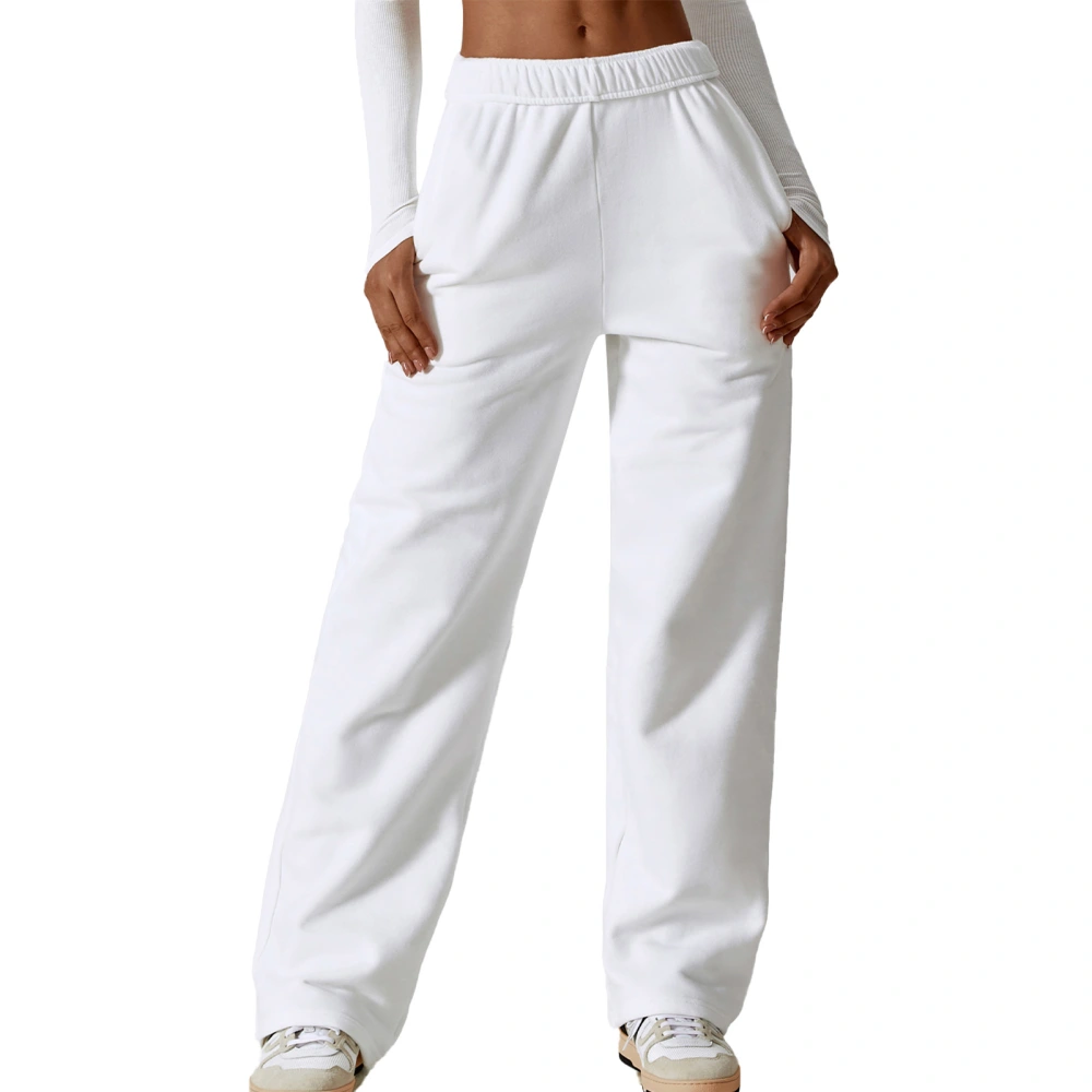 Straight Wide Leg Pants Plush Warm Big Pocket Elastic Waist Wide Leg Sports Trousers for Women White M