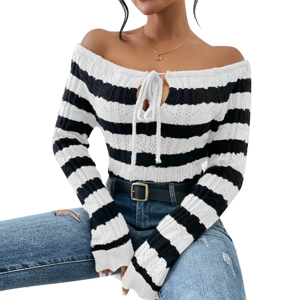 Women Off Shoulder Sweater Tie Neck Long Sleeve Stylish Striped Hollow Out Knit Pullover Top White S