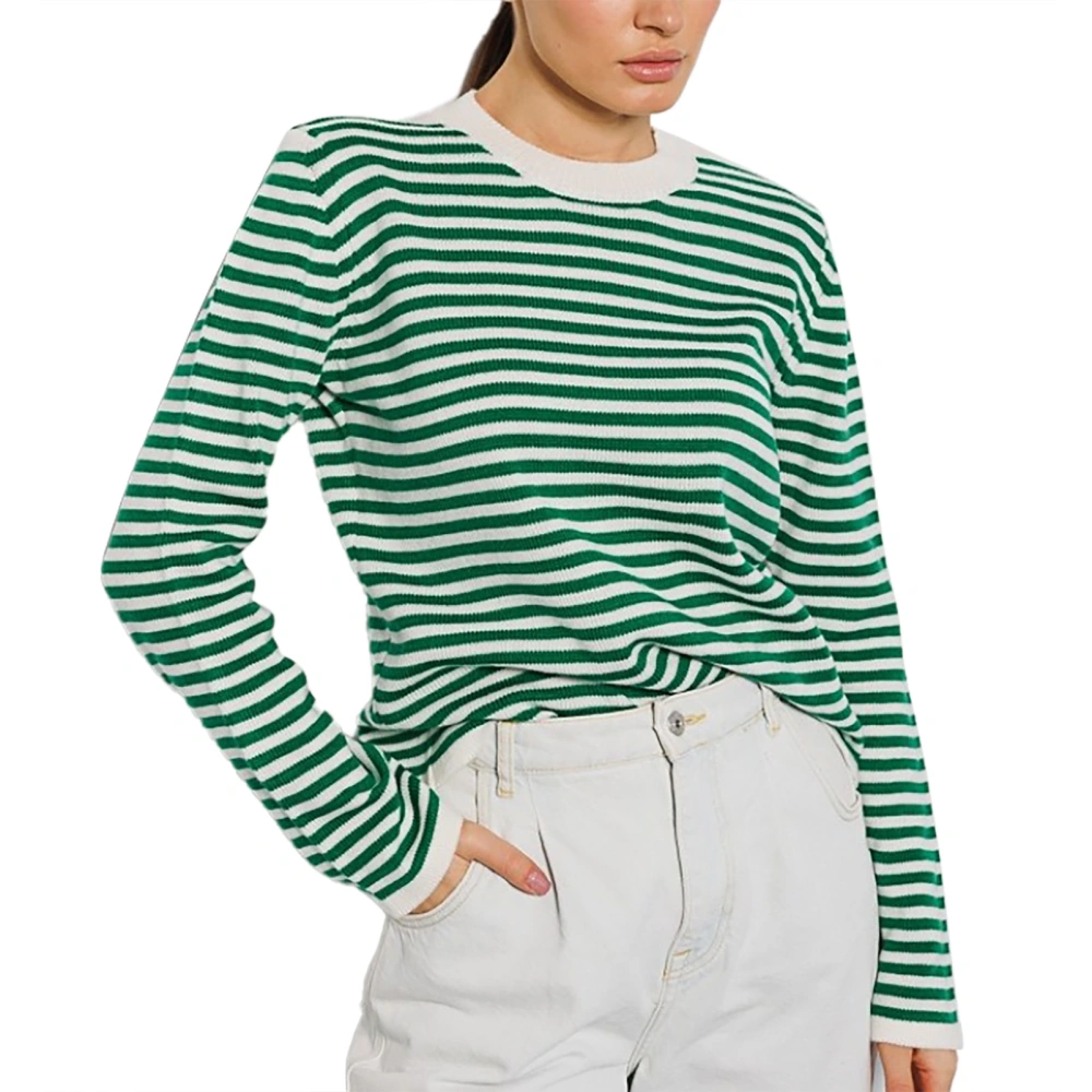 Woman Striped Color Block Knitted Sweater Round Neck Long Sleeve Stripe Pullover Sweater Fashionable Top Green L