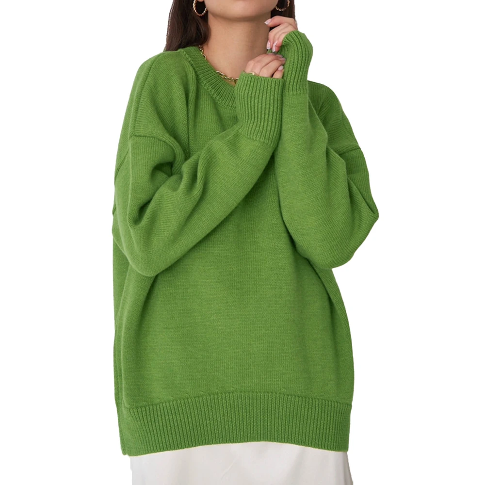 Knitted Sweater Women Knit Top Round Neck Loose Solid Color Versatile for Commuting Casual Light Green L