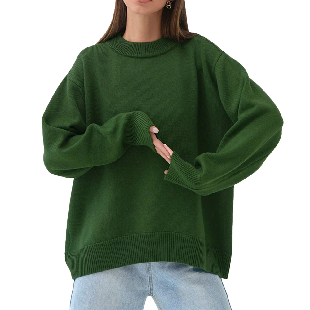 Knitted Sweater Women Knit Top Round Neck Loose Solid Color Versatile for Commuting Casual Dark Green S