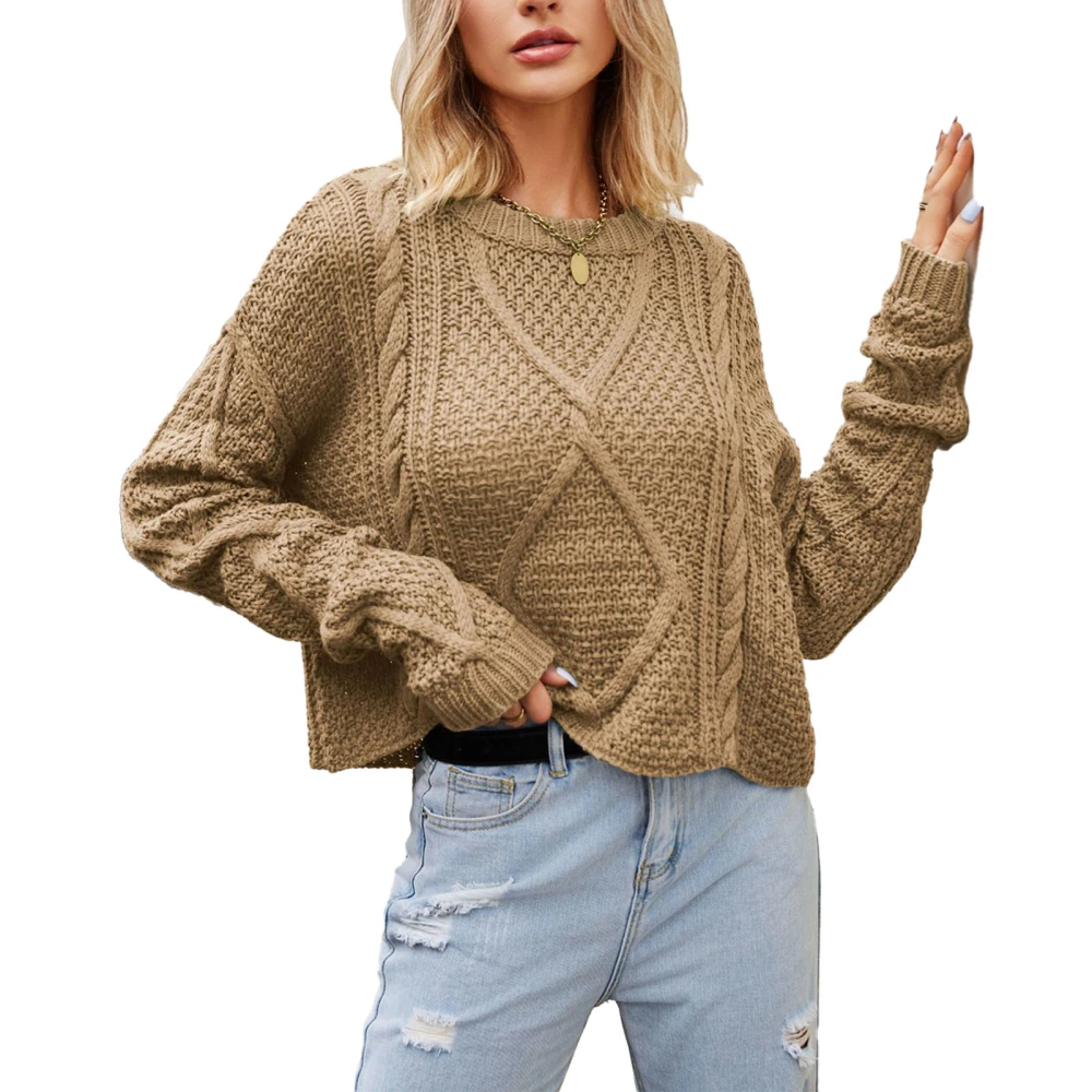 Long Sleeve Crewneck Sweater Women Casual Fashionable Elegant Plain Color Cable Knit Top for Office Work Khaki M