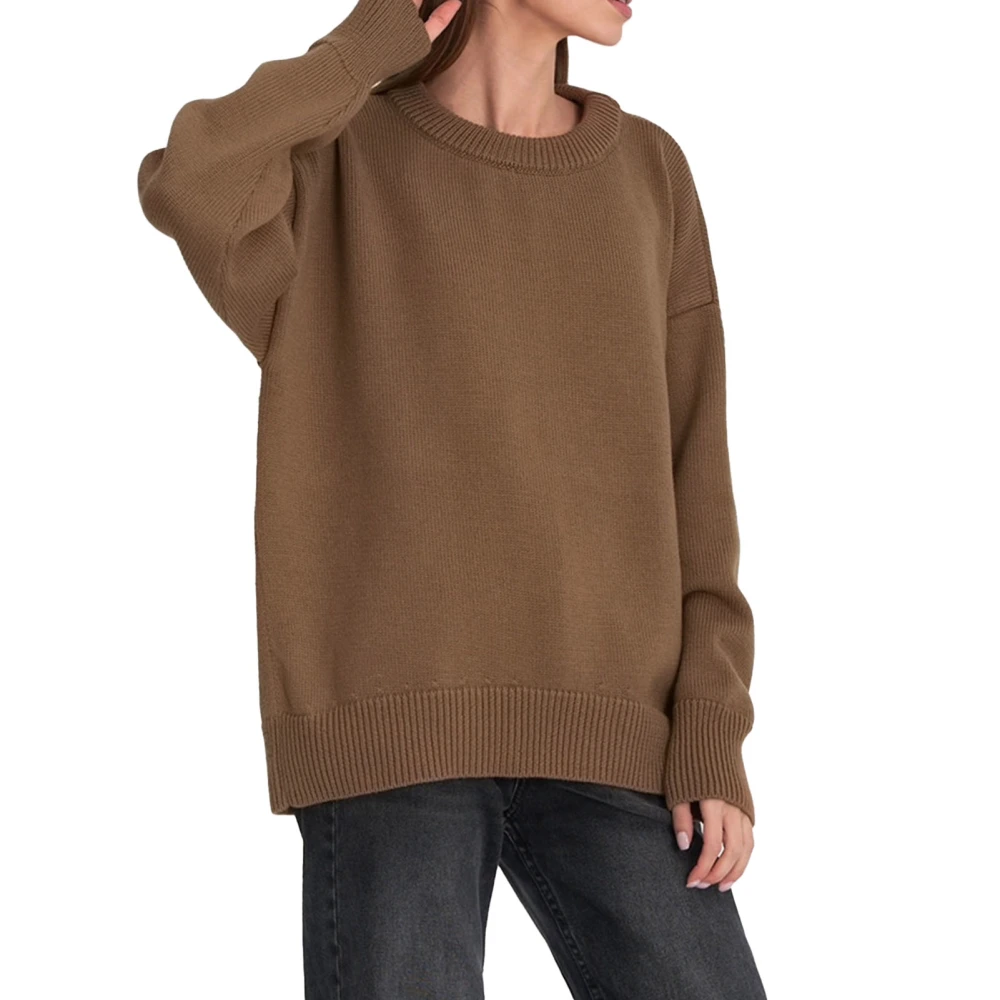 Knitted Sweater Women Knit Top Round Neck Loose Solid Color Versatile for Commuting Casual Dark Brown L