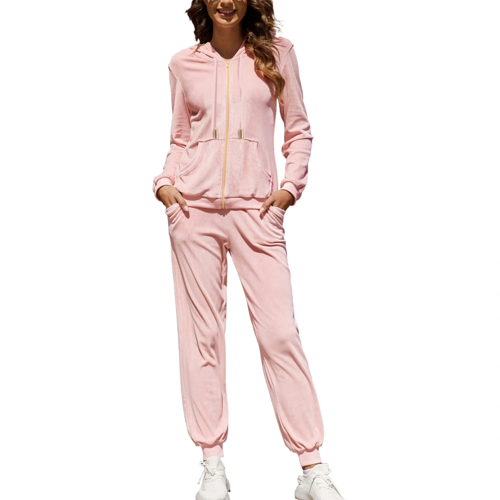 Women Long Sleeve Velvet Suit Casual Fitted Double Pocket Zipper Women Hoodie Velvet Suit Pink M