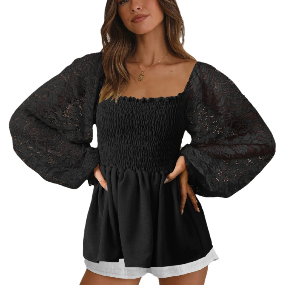 Women Blouse Square Neck Shirred Bust Long Lace Lantern Sleeve Plain Comfortable Women Top for Home Daily Leisure Black L